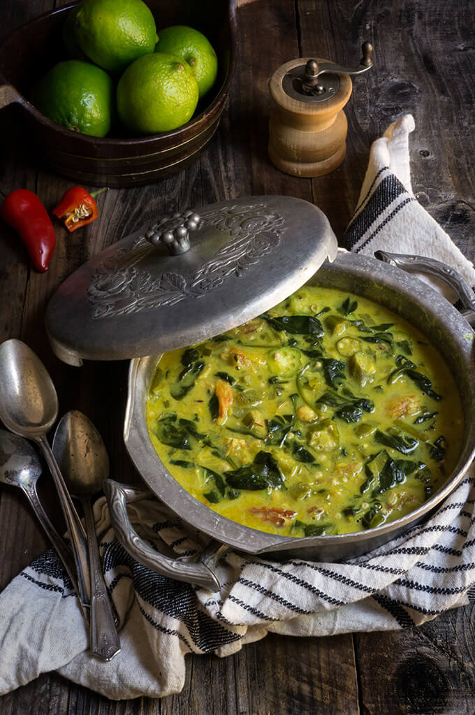 Creamy spinach okra soup with crab meat and coconut milk - mild, perfectly balanced flavors in a thick, luscious broth - delicious and comforting! | www.viktoriastable.com