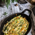 Asparagus mushroom gratin - layers of mushrooms, crème fraîche, and asparagus, dotted with Gruyère and Parmesan cheese, and lots of fresh herbs - a taste of spring in your mouth! | www.viktoriastable.com