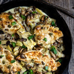 The best chicken scaloppine recipe - sauteed mushrooms and artichokes, smoky pancetta and tangy capers, in luscious lemon butter sauce - simply divine! | www.viktoriastable.com