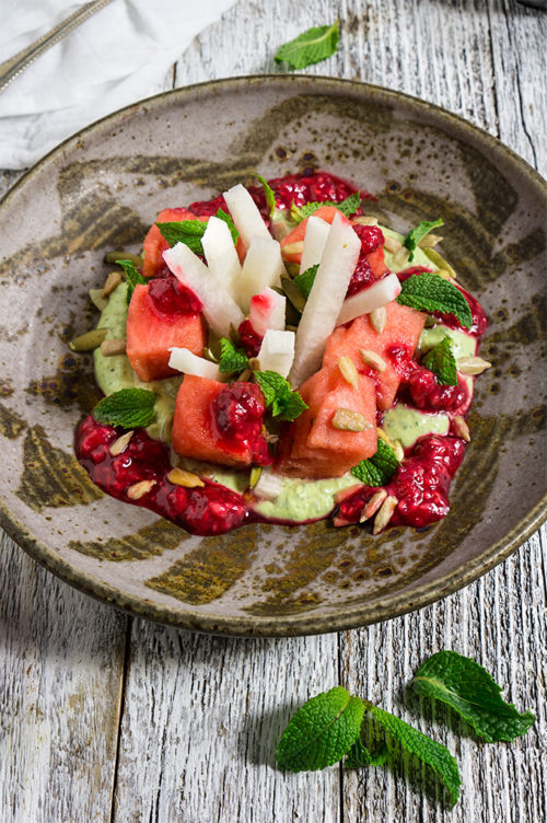 Watermelon jicama mint salad - it's a mouthwatering combination of contrasting flavors and textures - creamy, and crunchy, sweet and tart, but most of all delicious and refreshing! | www.viktoriastable.com