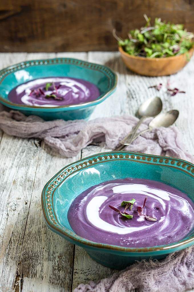 Smoky purple sweet potato soup - creamy, sweet, and so satisfying, with a touch of heat and smokiness. | www.viktoriastable.com
