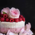 White chocolate coconut raspberry mousse cake - light, delicate, and festive, this no-bake cake is super indulgent, with layers of raspberry mascarpone cheese, and white chocolate coconut mousse on top. | www.viktoriastable.com