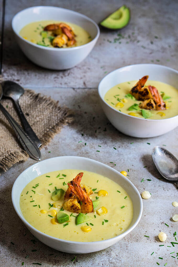 Chilled corn soup with garlic shrimp and avocado | www.viktoriastable.com