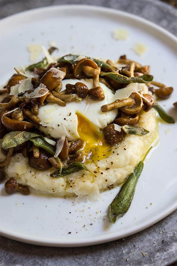 Truffled cauliflower puree with mushrooms and sage butter - creamy and delicious dish, infused with the earthly aroma of truffles and sage, and topped with an oozy egg. | www.viktoriastable.com
