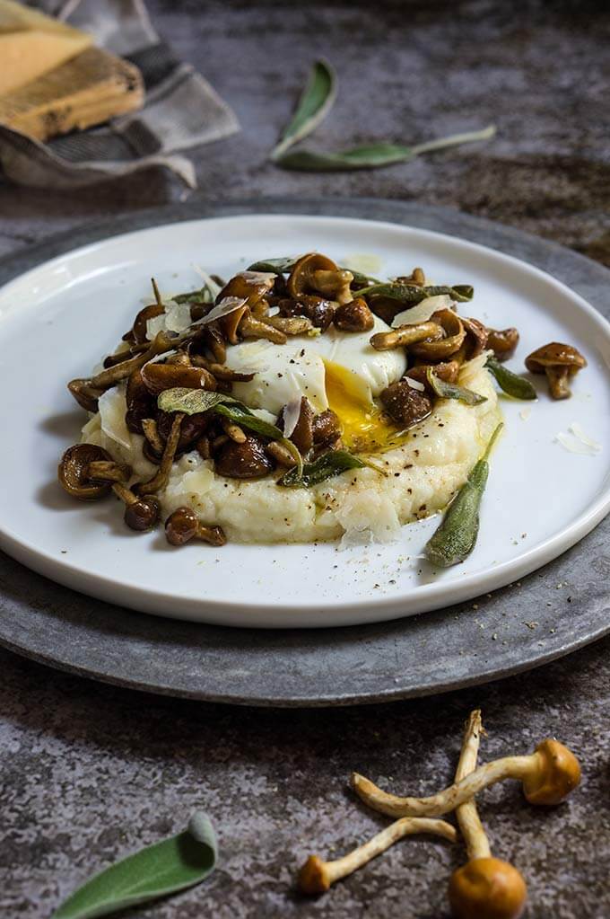 Truffled cauliflower puree with mushrooms and sage butter - creamy and delicious dish, infused with the earthly aroma of truffles and sage, and topped with an oozy egg. | www.viktoriastable.com