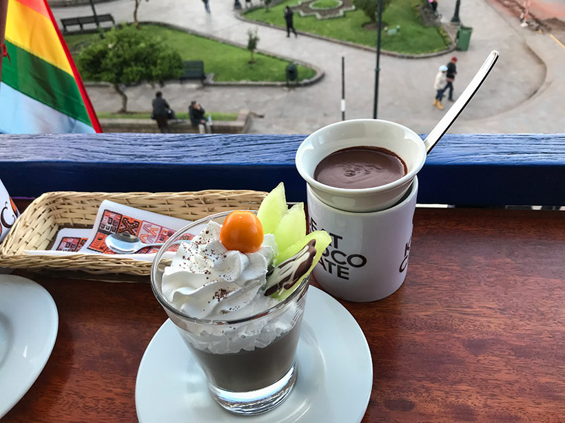 Chocolate mousse and hot chocolate at Chocomuseo - Cusco