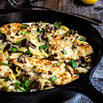 The best chicken scaloppine recipe - sauteed mushrooms and artichokes, smoky pancetta and tangy capers, in luscious lemon butter sauce - simply divine!