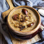 Caramelized onion, lentils and mushroom soup - creamy, hearty and decadent soup, topped with smoked sausage and fennel pollen for an irresistible depth of flavors. | www.viktoriastable.com