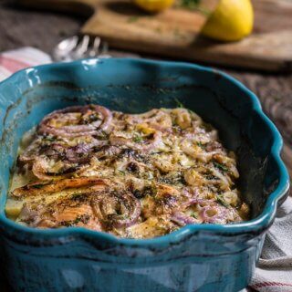 Celery root and smoked salmon gratin - in this creamy dish, aromatic celery root pairs beautifully with smoked fish, red onions and dill-flavored creme fraiche for a quick and easy dinner. | www.viktoriastable.com