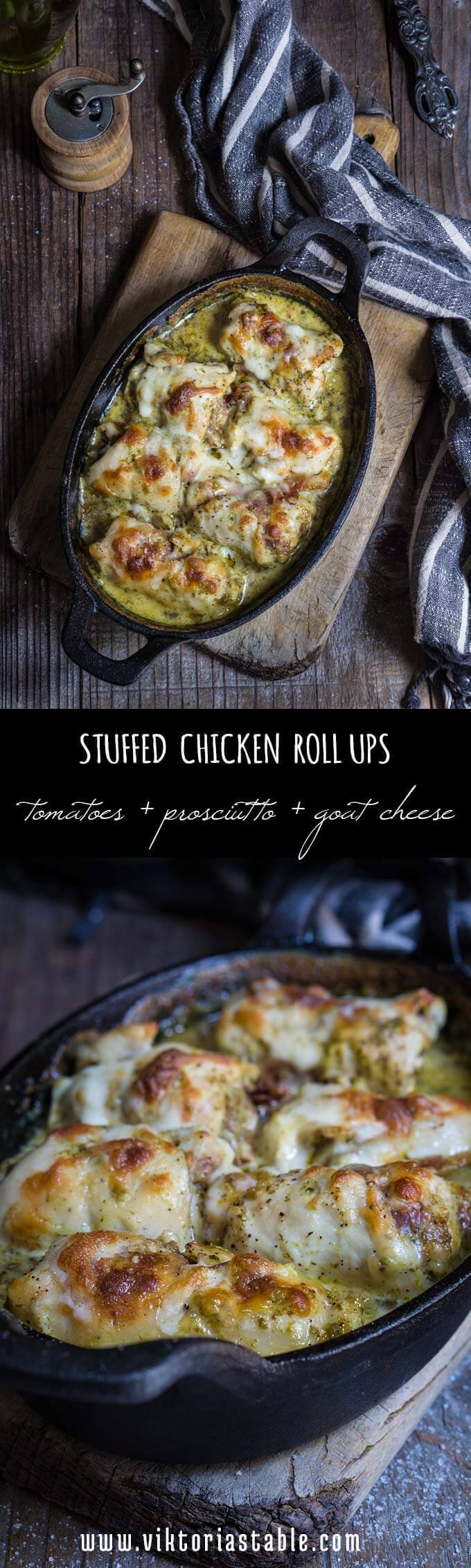 Stuffed chicken roll ups - delicious and easy to make, stuffed with pesto, prosciutto, sun-dried tomatoes and goat cheese, then smothered in creamy garlicky sauce, topped with mozarella, and baked to perfection! | www.viktoriastable.com