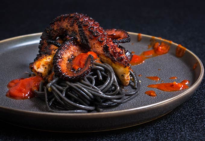 Grilled Octopus Over Squid Ink Pasta And Tomato Garlic Sauce - Viktoria'S  Table