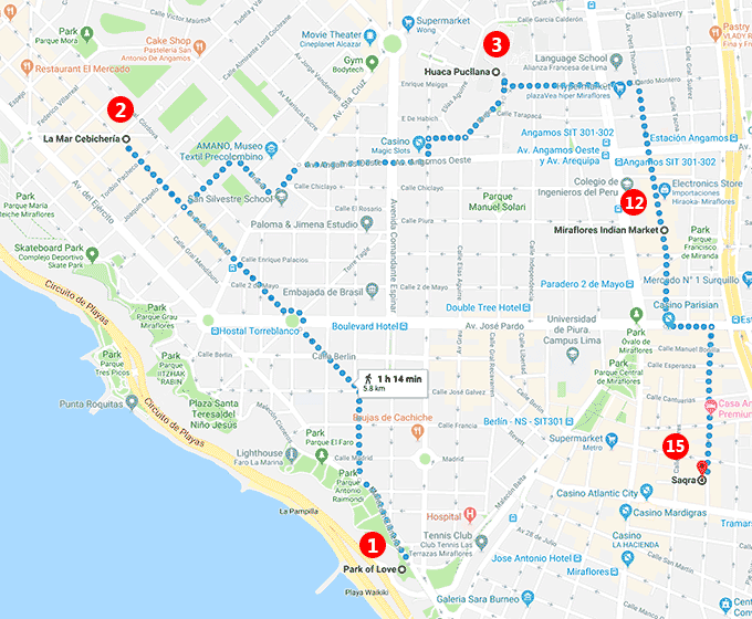 Map of Miraflores points of interest - Lima